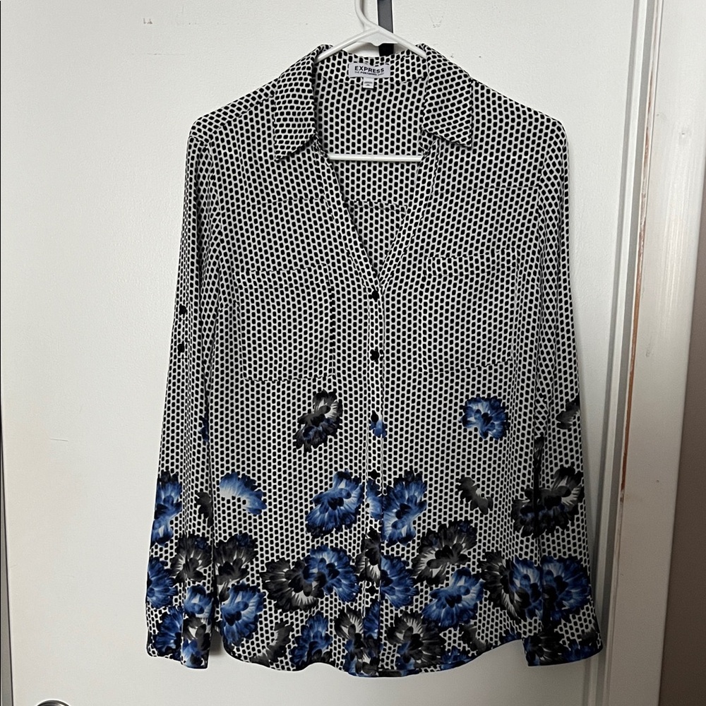 Express Black And Blue Patterned Button Down Shirt - image 1